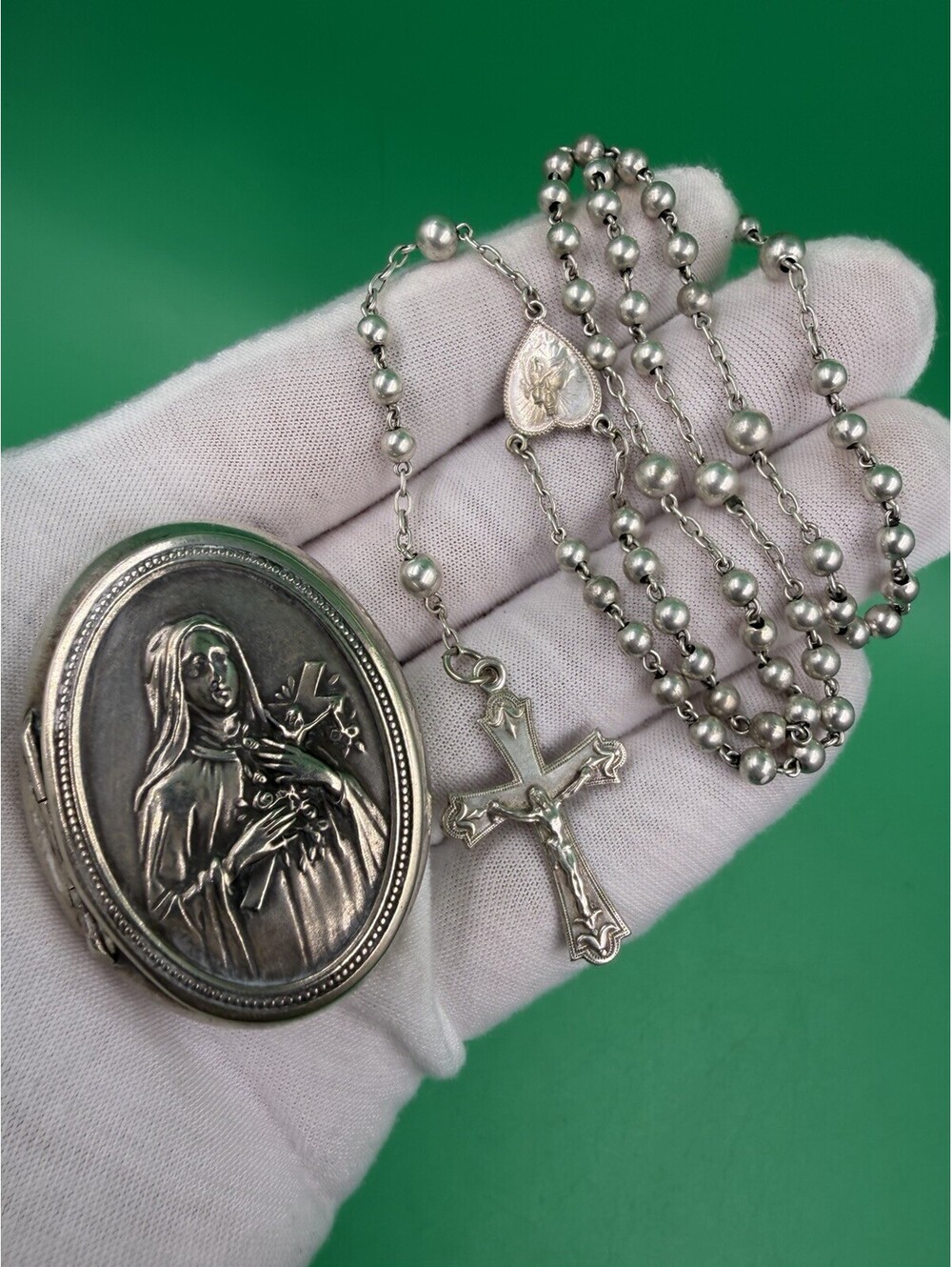 Mary W/Jesus Cross Silver Plated Rosary Pendant Locket Alpaca Made In Germany